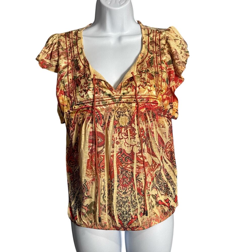 Boho Y2K One World‎ Blouse S Floral Print Flutter Sleeve
Tie Front